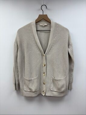 Ann Taylor LOFT Ribbed Knit V-Neck Button-Up Cardigan Sweater Grey Medium